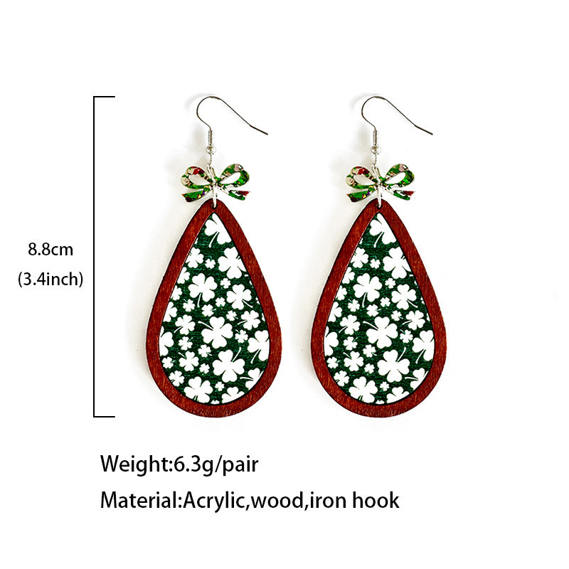 Wholesale Wooden St.  Patrick' s Day Bow Clover Earrings