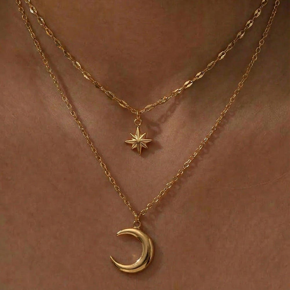 Wholesale Stainless Steel Moon And Eight Star Pendant Layered Women S Necklace Chic Collarbone Chain Everyday Jewelry Accessory Gift