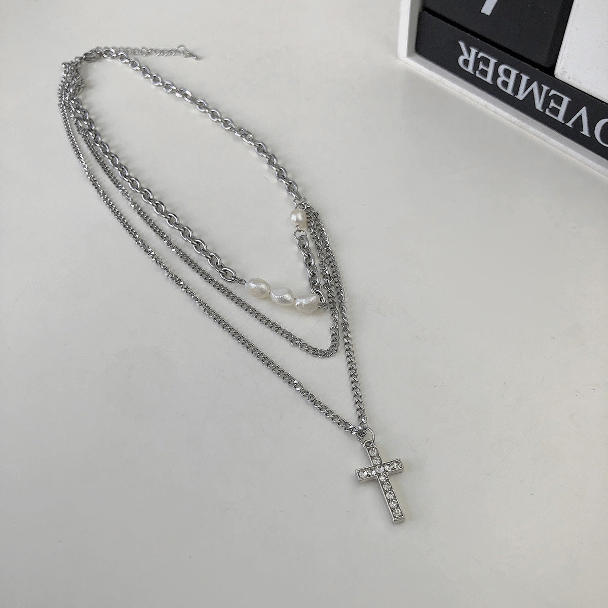 Wholesale Multi-layer Chain Pearl Cross Stitching Necklace Titanium Steel ACC-NE-NS007