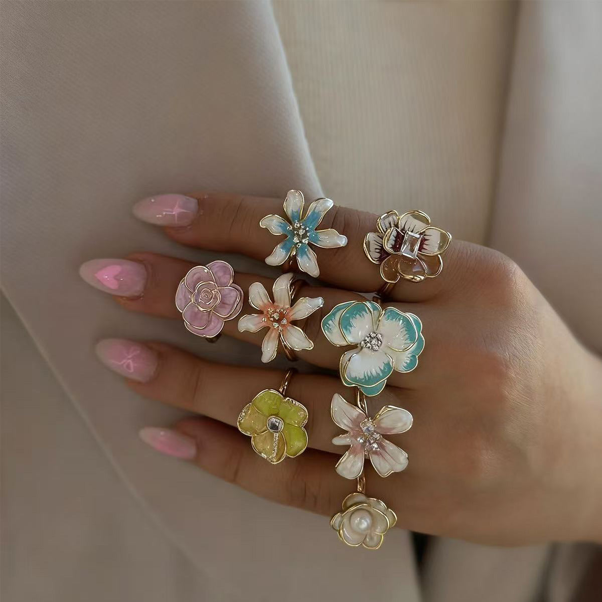 Wholesale Dripping Oil Flower Adjustable Ring Zinc Alloy Women' s Fashion Jewelry Gift Boutique