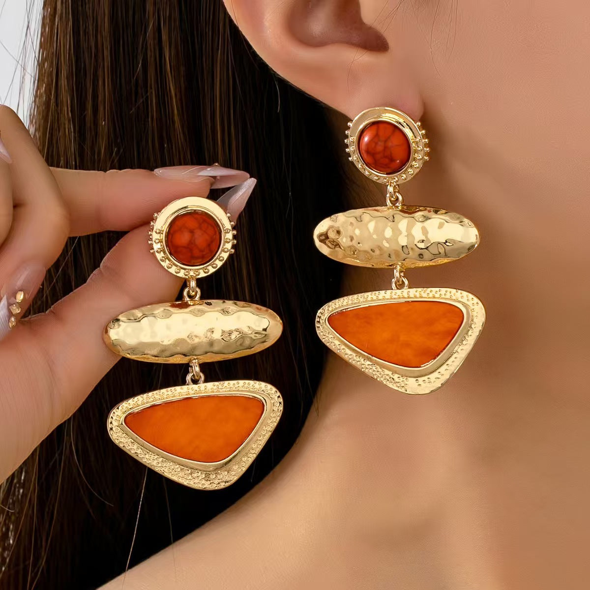 Wholesale Retro Geometric Orange Drop Earrings Gold Hammered Zinc Alloy Triple Layer Stylish Women S Jewelry Accessory