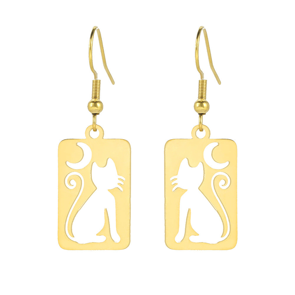 Wholesale Cat Crescent Hollow Pendant Stainless Steel Earrings Fashion Accessory