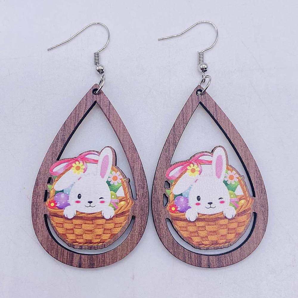 Wholesale Easter Egg Dwarf Rabbit Water Drop Hollow Wooden Earrings ACC-ES-CY003