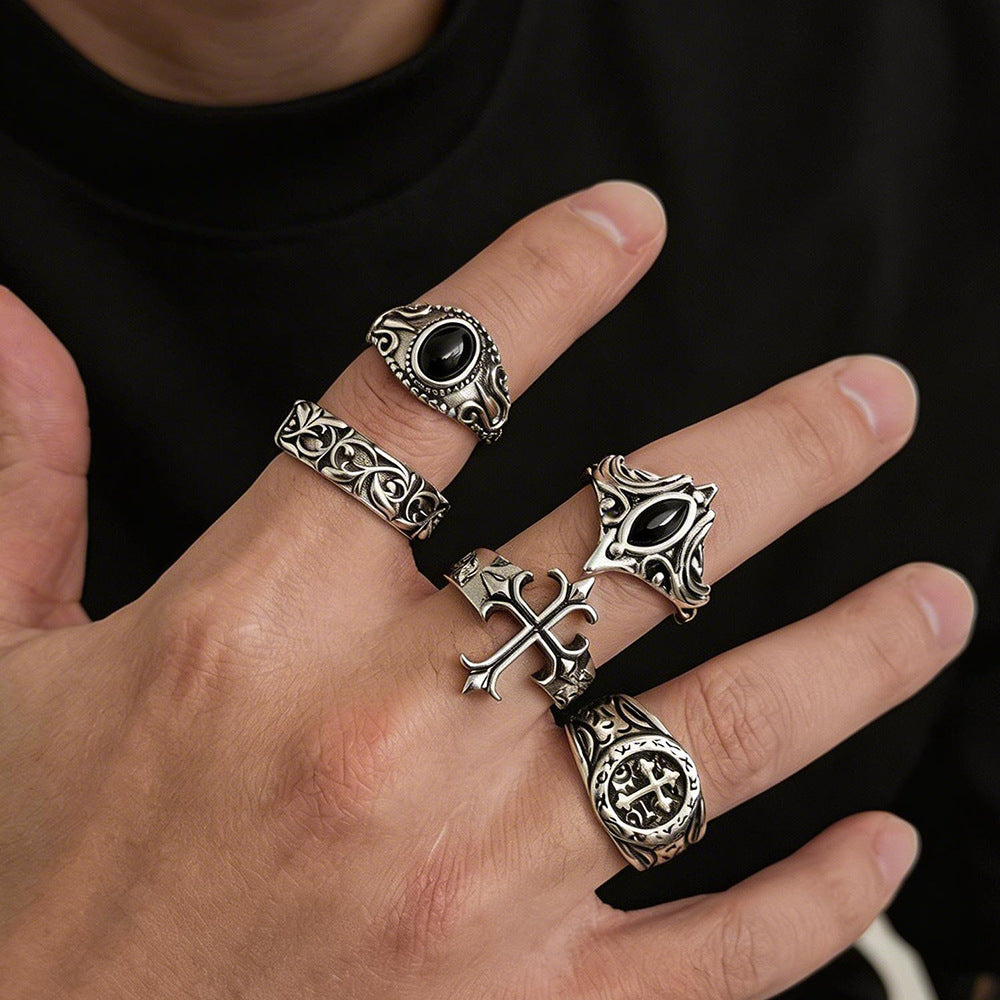 Wholesale Retro Palace Style Alloy Adjustable Open Rings 5-Piece Set - Fashion Jewelry Accessory for Men and Women,  Party Gift