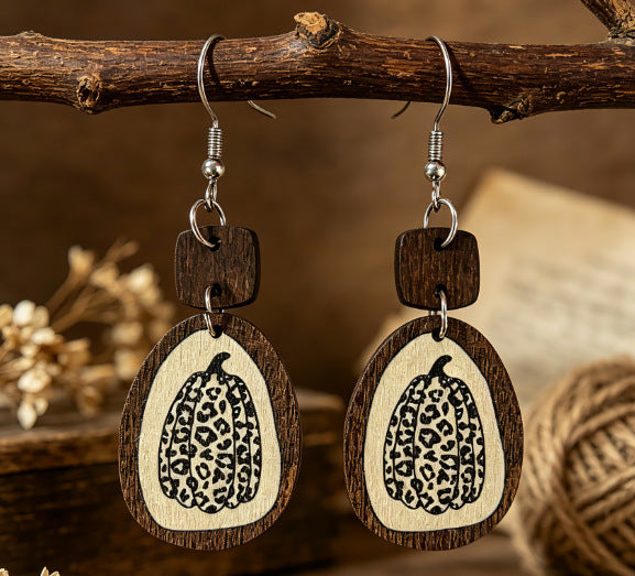 Wholesale  Pumpkin Printed Wooden Drop Earrings Women French Retro Unique Jewelry Accessory Gift And Boutique Resale