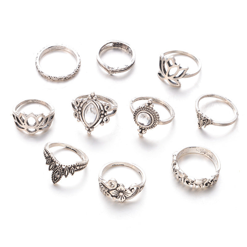Wholesale 10pcs/set hollow carved large gemstone lotus shape ring combination