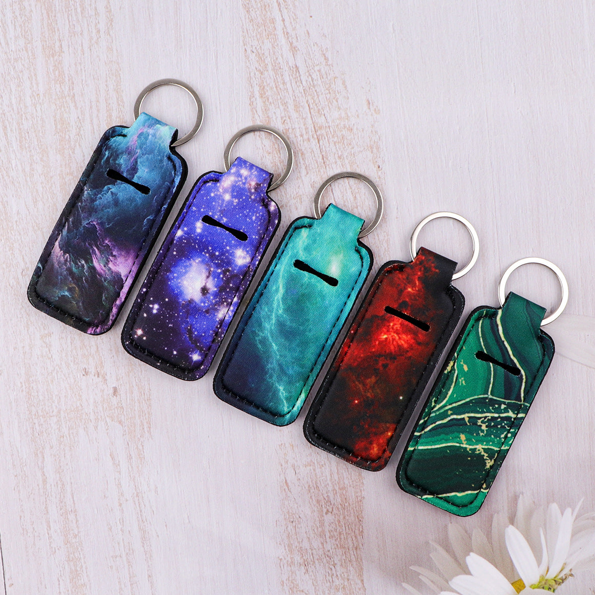 Wholesale 6pcs Creative pattern starry sky lipstick set keychain