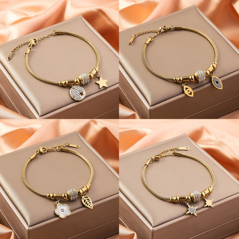 Wholesale Stainless Steel Double Layer 18K Gold Five Leaf Clover Bracelet ACC-BT-RuiX007