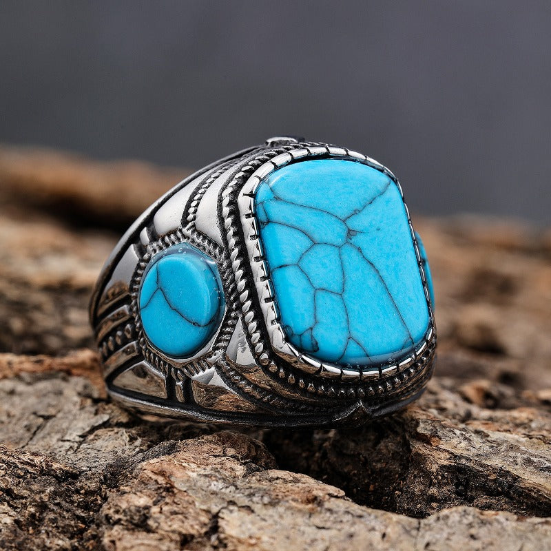 Wholesale Stainless Steel Vintage Three Sided Blue Turquoise Men's Gemstone Ring ACC-RS-Moer015