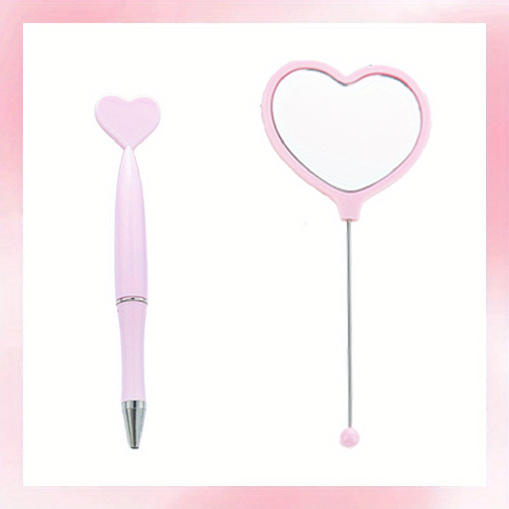 2pcs/set DIY Beadable Handle Mirror and Heart Shaped Pen Combination DIY Gift Office Gift Random Makeup Mirror