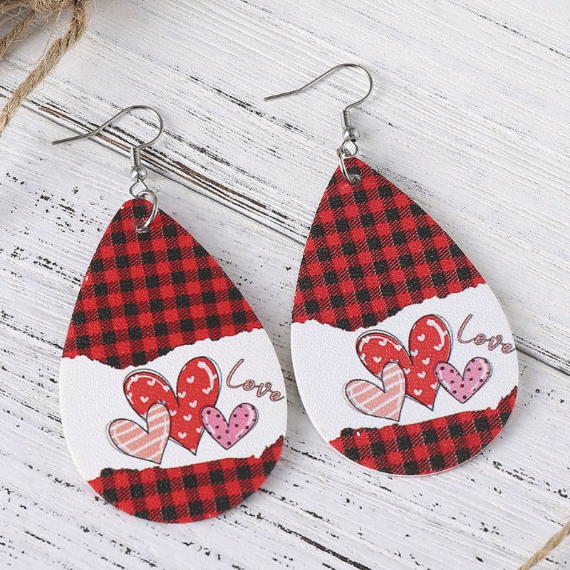 Wholesale Personalized Water Drop Love Grid Double-Sided PU Leather Earrings ACC-ES-ChuLian121
