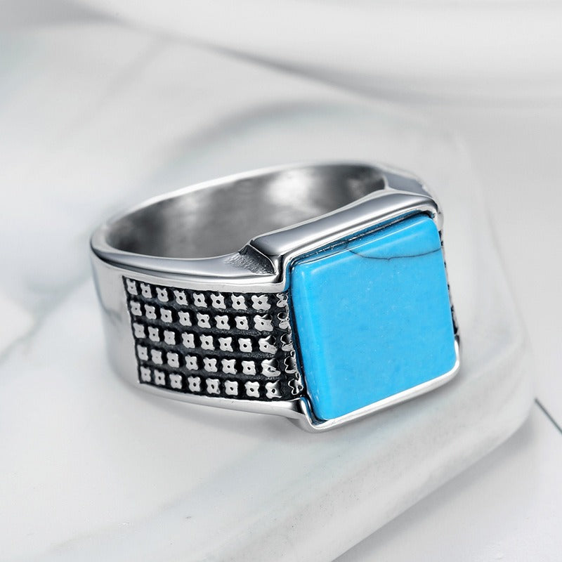 Wholesale Vintage Personalized Stainless Steel Square Blue Turquoise Ring ACC-RS-Moer010