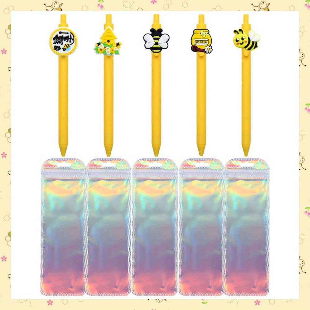 10pcs Cartoon Bee Pen Kits-5pcs Plastic Cartoon Honey Ballpoint Pen with 5pcs Colorful Bags Office Supplies Fashion Gifts