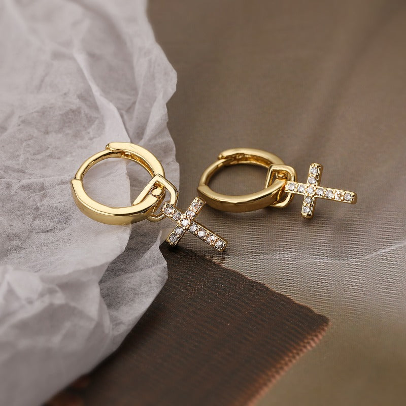 Wholesale Copper Plated Real Gold Inlaid Zircon Cross Earrings ACC-ES-AG007