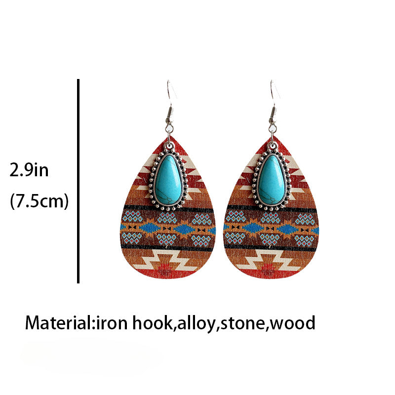 Wholesale Western Style Aztec Turquoise Bohemian Vintage Wooden Earrings ACC-ES-HY002