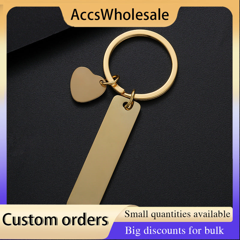 Custom Keychain with Laser Engraved Text or Logo - Multi-color Long Strip Oblique Heart Charm Metal Keychain