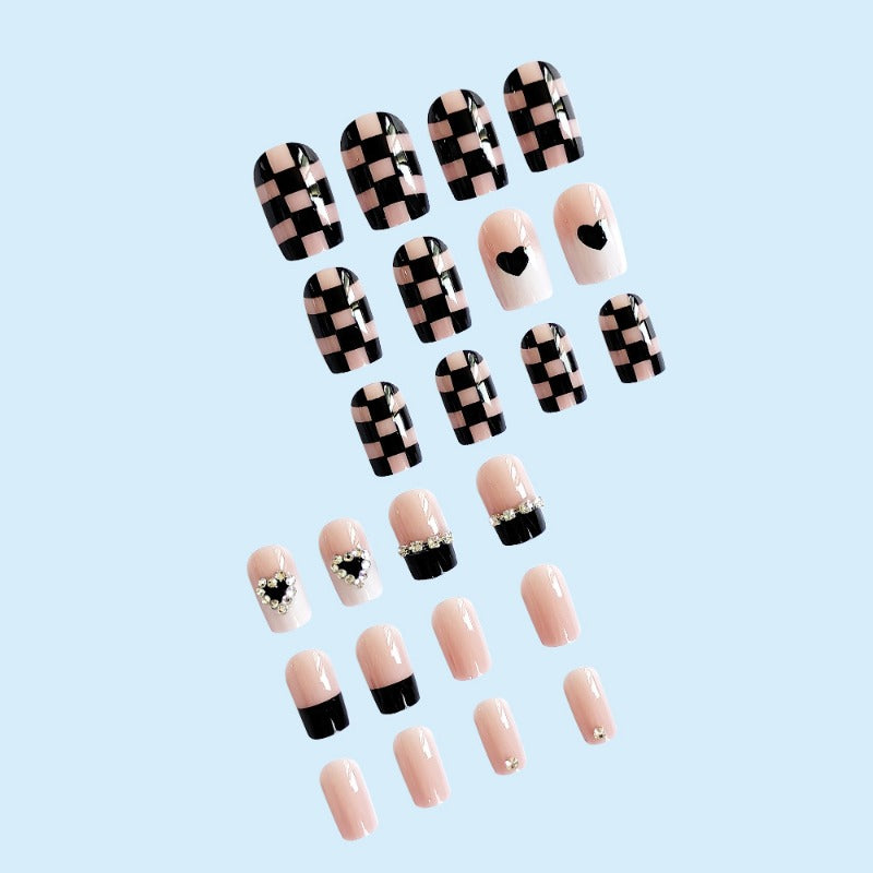 Wholesale 24 Pieces/box Valentine's Day Black Checkerboard Nails Kits Nail Stickers ACC-NS-QXJ057