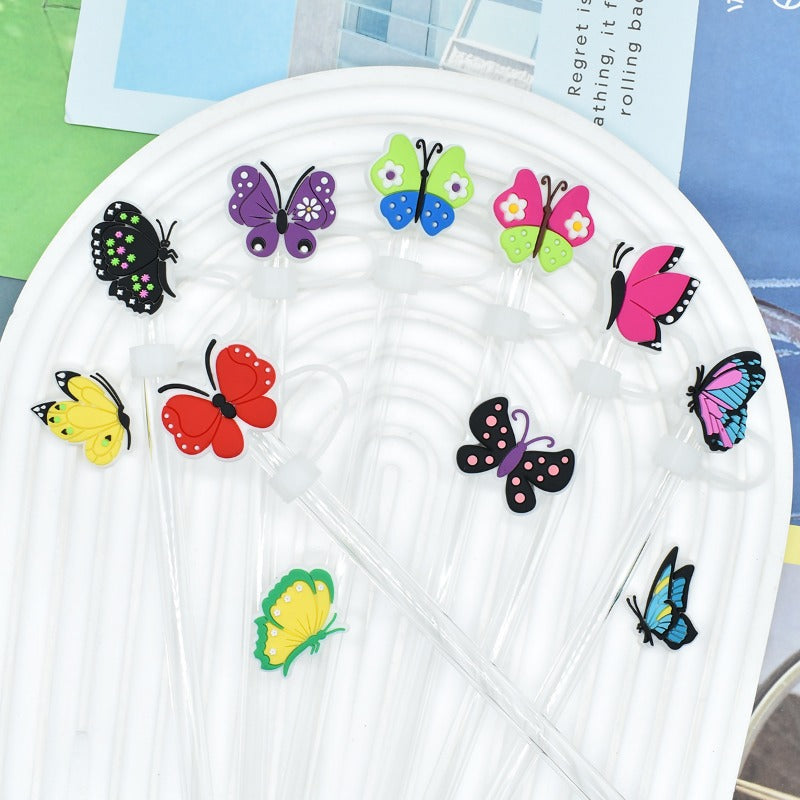 Wholesale Random 100pcs Butterfly Series 10mm PVC Soft Straw Tube Cap ACC-SCR-RYY150