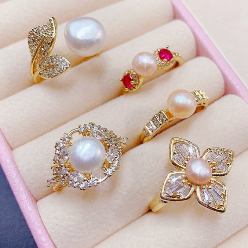 Wholesale Random Color 10pcs Pearl Open Adjustable Ring Electroplated Micro Inlaid Zircon Ring ACC-RS-Pabo005