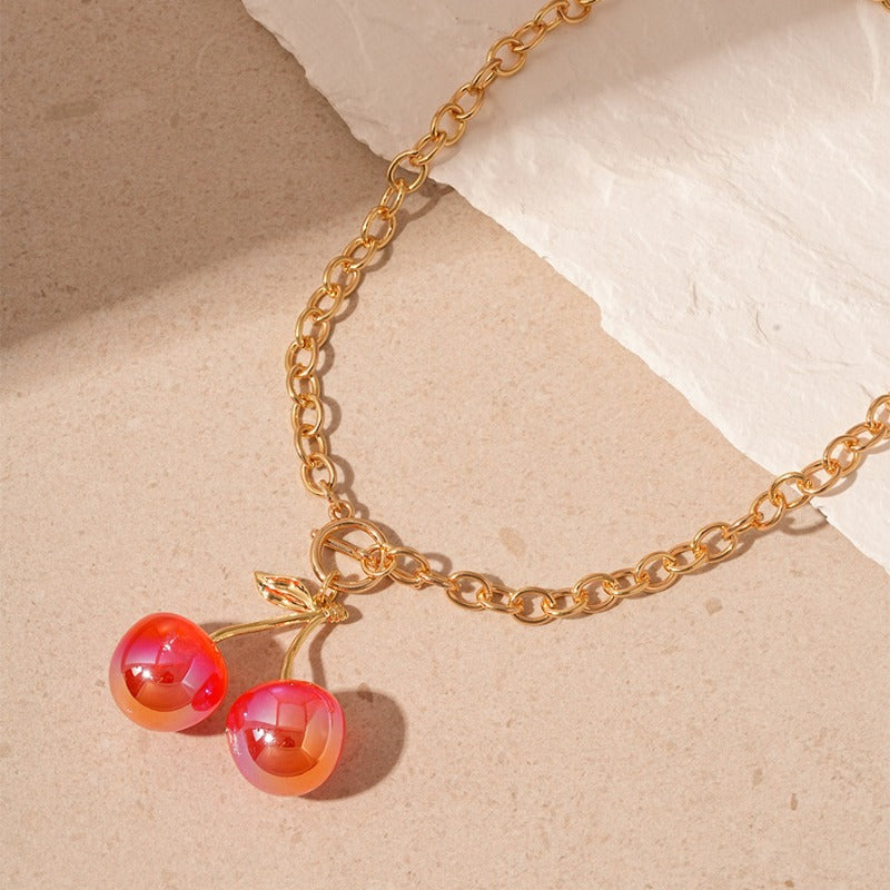 Wholesale Cute Resin Cherry Fruit Leaf OT Buckle Clavicle Necklace  ACC-NE-JingQiao002