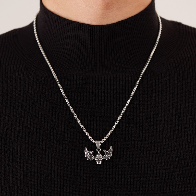 Wholesale Men's Stainless Steel Bat Wings Punk Style Skull Necklace ACC-NE-OPK004