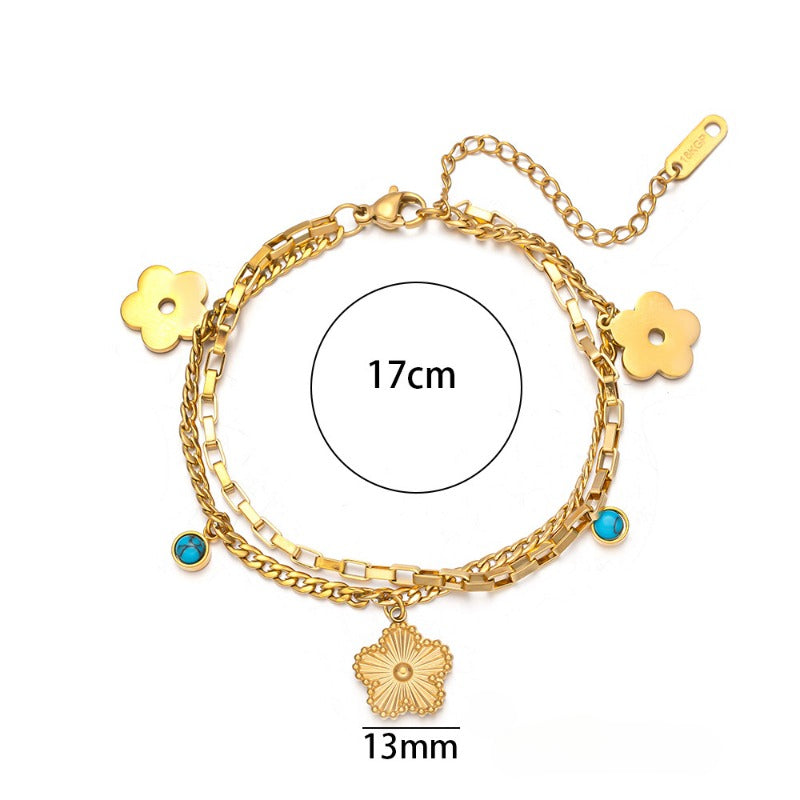 Wholesale Titanium Steel Double Layer Stacking Five Leaf Flower Bracelet ACC-BT-NaBao002