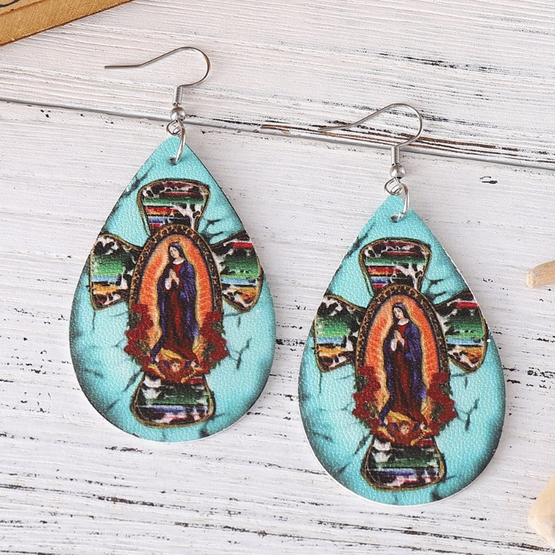 Wholesale Retro Ethnic Turquoise Cow Pattern Cross Earrings ACC-ES-ChuLian141