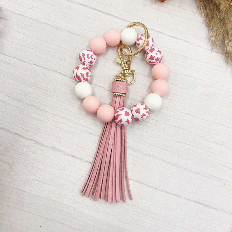 Wholesale Western Style Cow Pattern Wood Beads Silicone Beads Beaded Keychain ACC-KC-JiuYa008