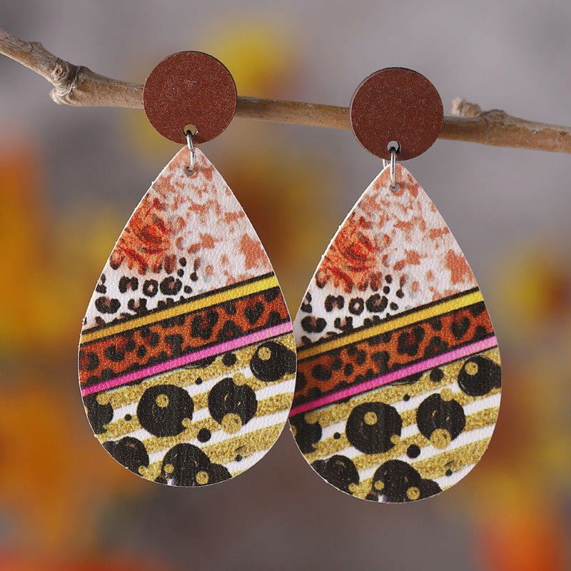 Wholesale Western Style Colorful Leopard Zebra Leather Wood Piece Stitching Earrings ACC-ES-ChuLian136