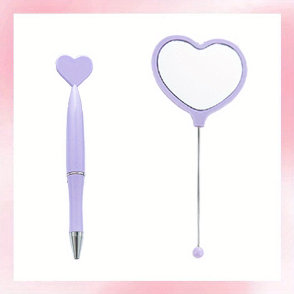 2pcs/set DIY Beadable Handle Mirror and Heart Shaped Pen Combination DIY Gift Office Gift Random Makeup Mirror