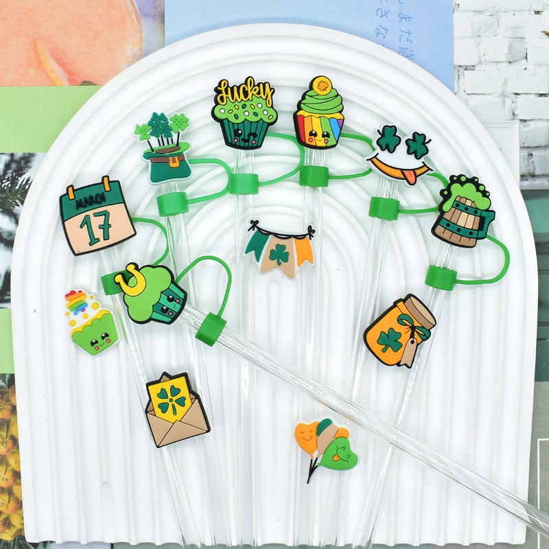 Wholesale Random 100pcs Cartoon Green Series 10mm PVC Soft Straw Tube Cap ACC-SCR-RYY121