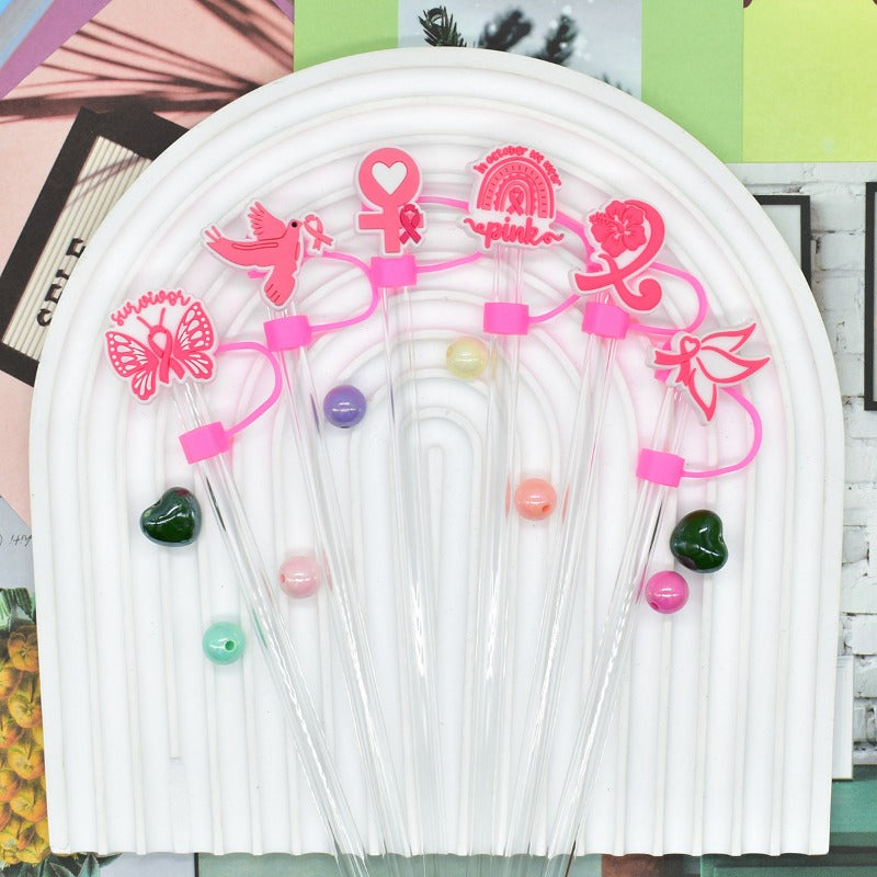 Wholesale Random 100pcs Pink Theme 10mm PVC Soft Straw Tube Cap ACC-SCR-RYY125