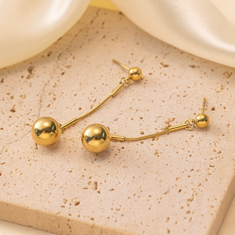 Wholesale Gold Titanium Steel Long Small Gold Ball Pendant Earrings ACC-ES-QiYun002