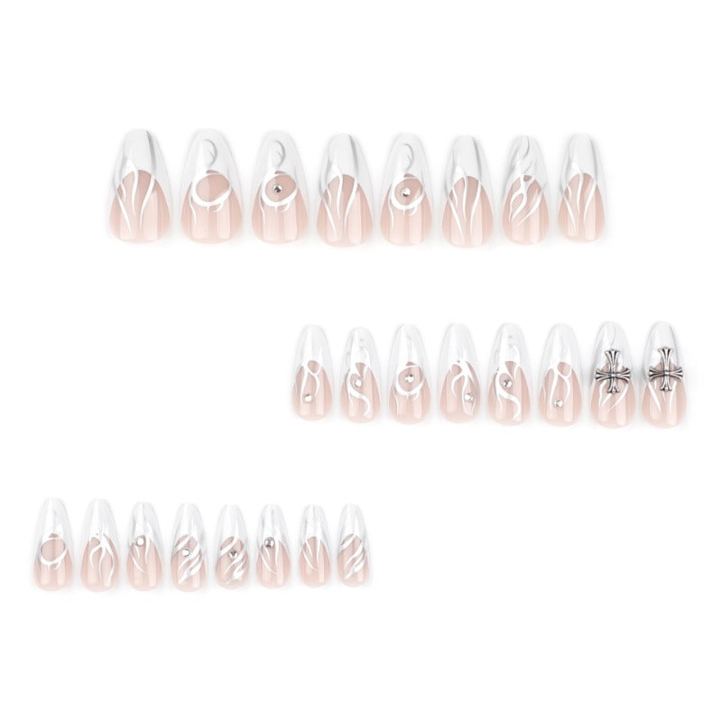 Wholesale 24 Pieces/box Cross Silver Flame Press-on Nails Kits Nail Stickers  ACC-NS-LeFan115