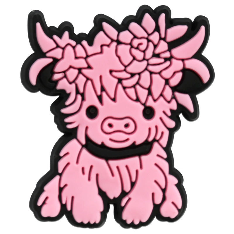 Wholesale Random 100pcs Pink Highland Cow PVC Soft Rubber Shoe Buckle Decoration  ACC-SC-RYY081