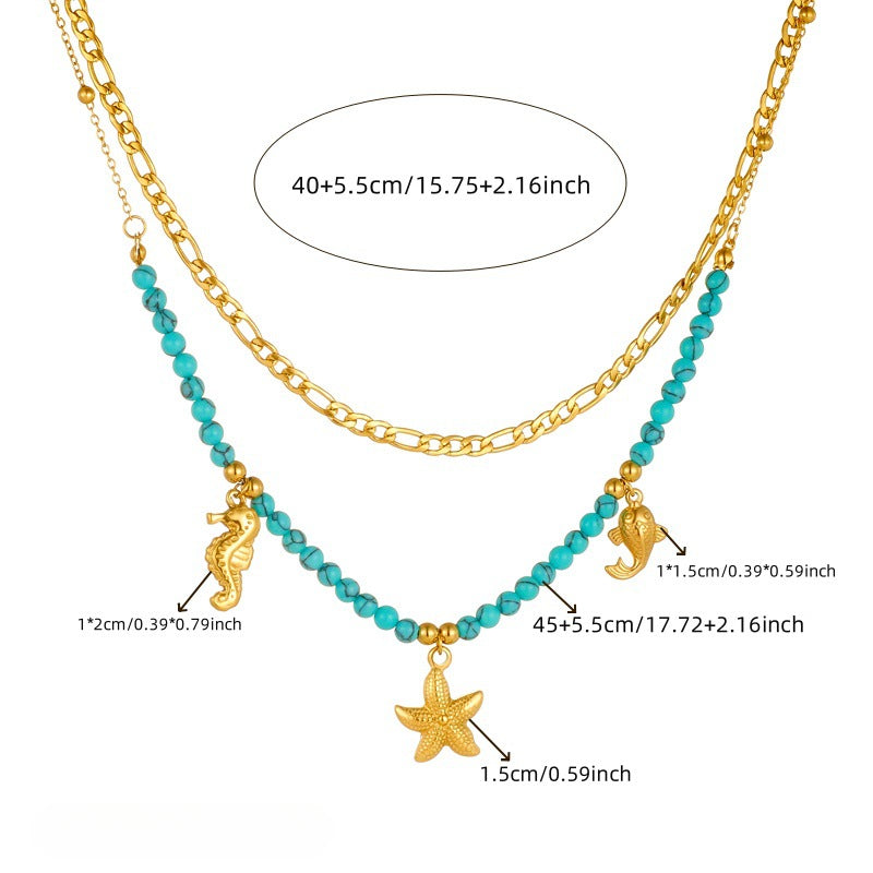 Wholesale Vintage Ocean Style Stainless Steel Turquoise Beaded Necklace ACC-NE-QianYue006