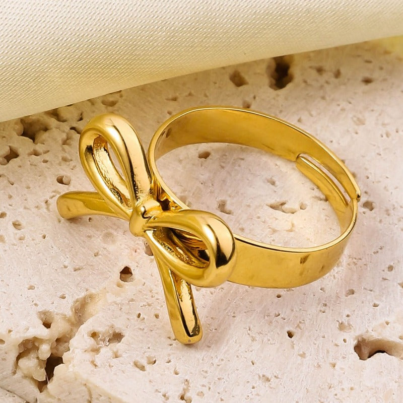 Wholesale Ribbon Knot Heart Shape 18K Real Gold Adjustable Ring ACC-RS-RuiX001