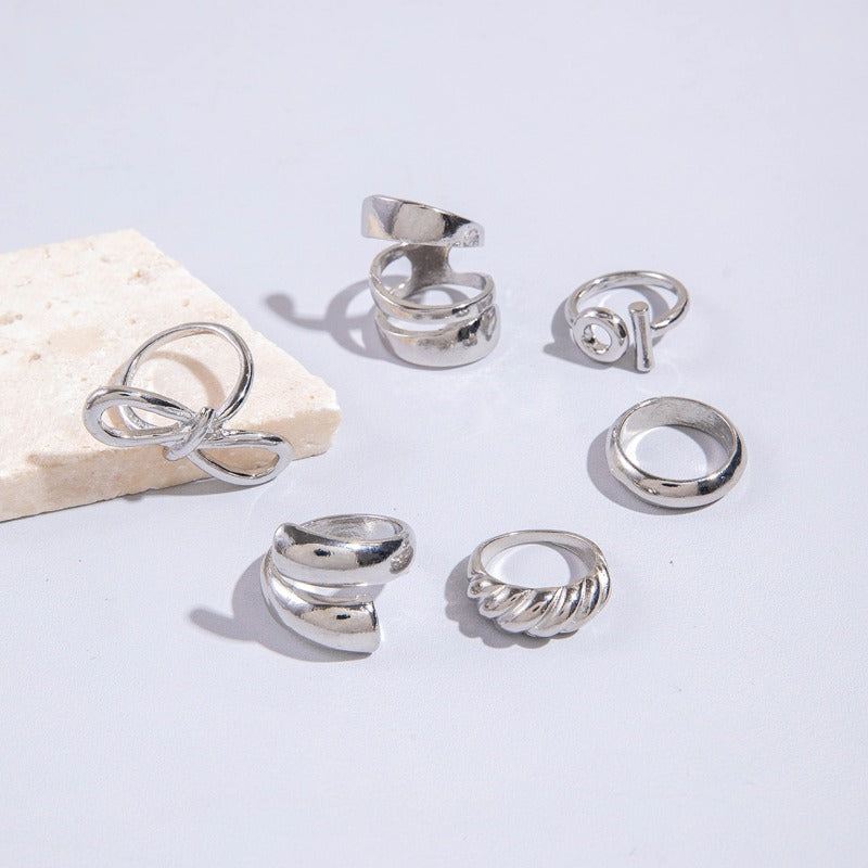 Wholesale 6pcs Geometric Arc Irregular Open Ring Retro Bow Ring ACC-RS-YongGe012