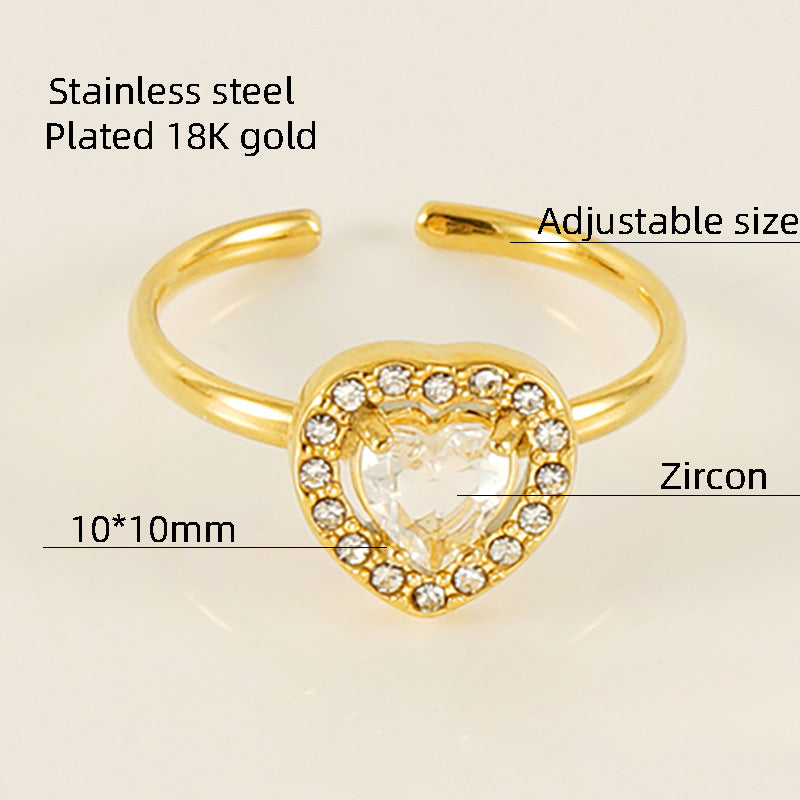 Wholesale Titanium Steel Diamond Heart Movable Adjustable Zircon Rings ACC-RS-ZhongXin004
