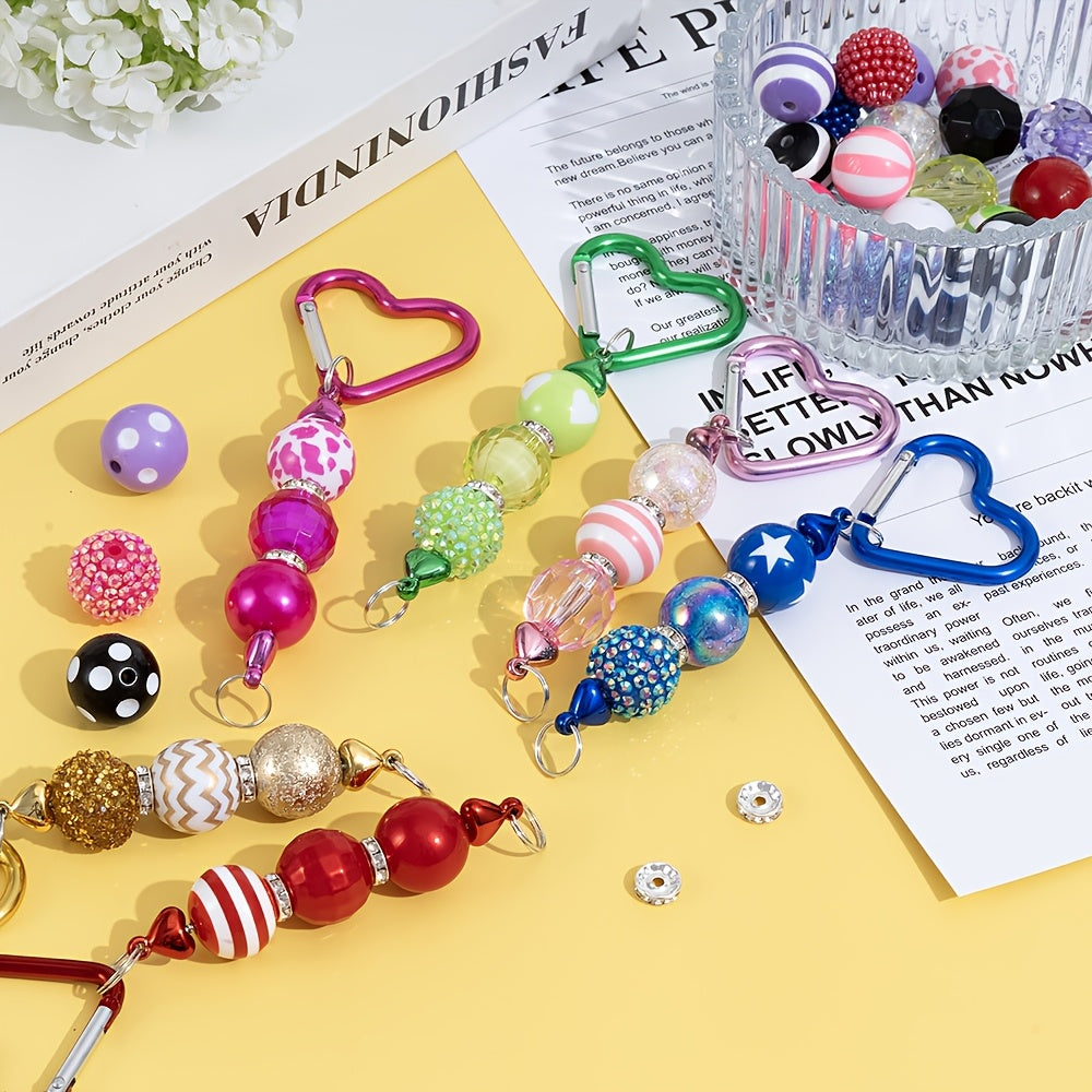 40pcs/Set Beadable Keychains Kits 20mm Chunky Bubblegum Beads Rhinestone Pearl Beads Heart Shaped Mountain Climbing Keychain for Jewelry Making Keychain Craft Making DIY Beaded Gifts