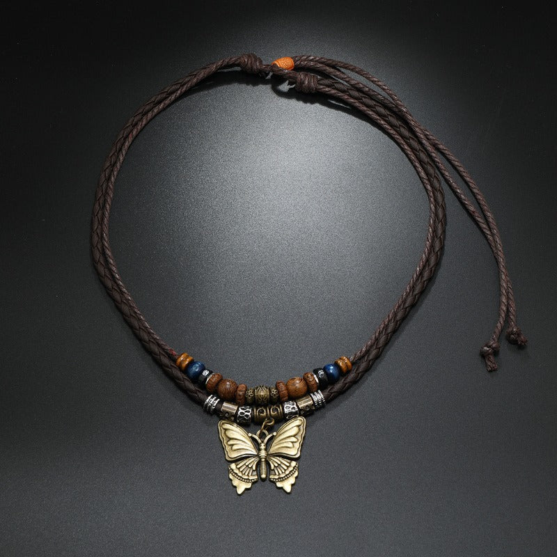 Wholesale Metal Butterfly Pendant Handmade Beaded Wooden Beads Sweater Necklace ACC-NE-Saih003