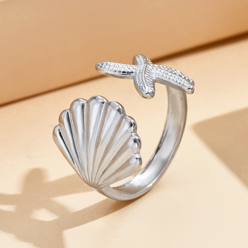 Wholesale Holiday Style Shell Starfish Open Adjustable Stainless Steel Ring ACC-RS-MiYi003
