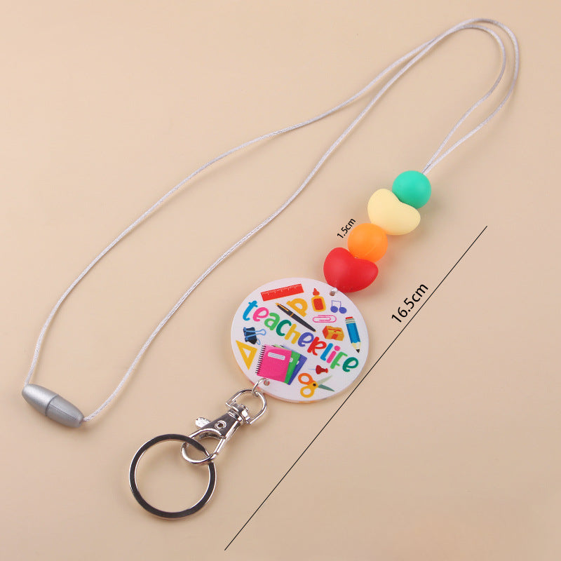 Wholesale Teacher Rainbow Necklace Pendant Cartoon Silicone Beaded Keychain Lanyard Keychain Teacher's Day Bulk Keychains ACC-KC-GuangTian043