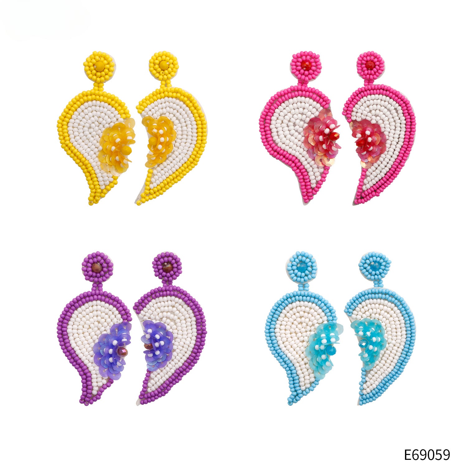 Wholesale Valentine's Day Handwoven Heart Flower Asymmetric Sequined Rice Bead Earrings