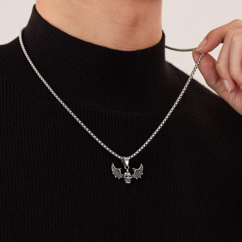 Wholesale Men's Stainless Steel Bat Wings Punk Style Skull Necklace ACC-NE-OPK004