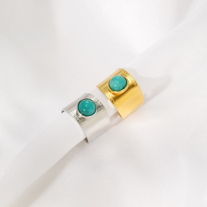 Wholesale Wide Edge Inlaid Natural Stone Stainless Steel Ring Open Rings ACC-RS-YunHe001