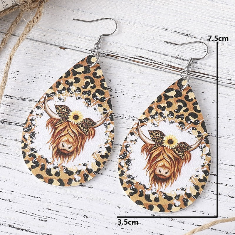 Wholesale Western Cowboy Leopard Print Cow Print Double-Sided PU Leather Earrings ACC-ES-ChuLian119