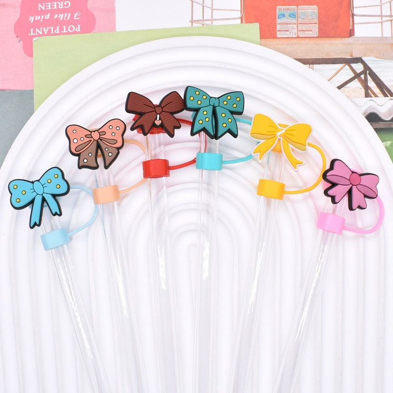Wholesale Random 100pcs Colorful Cute Bow 10mm PVC Soft Straw Tube Cap ACC-SCR-RYY144