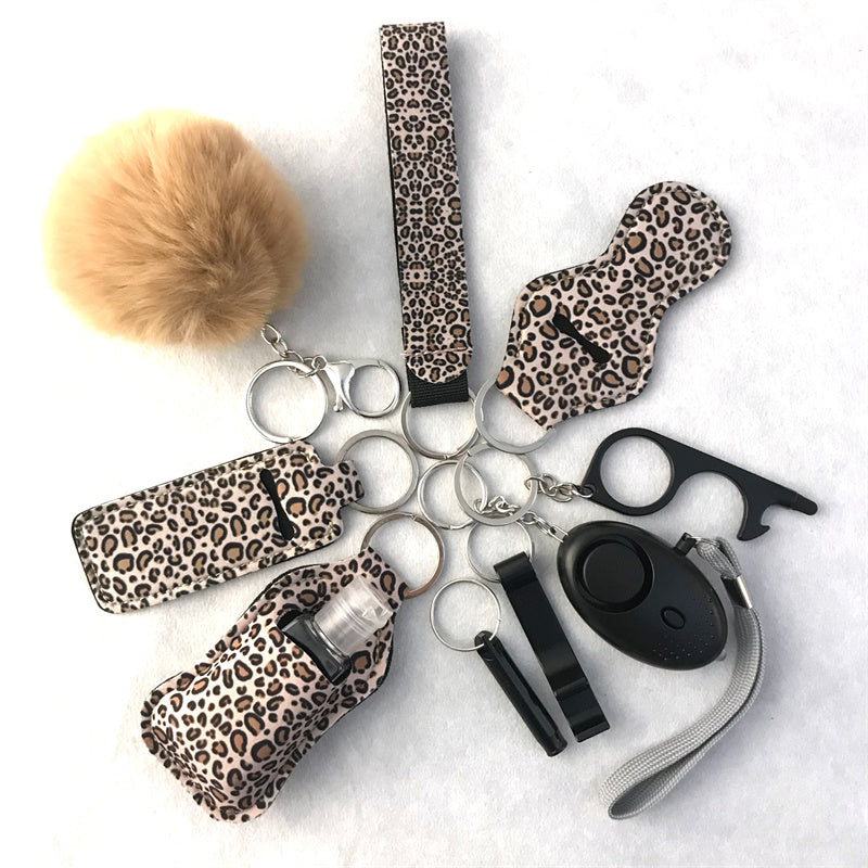 Wholesale Leopard Print Cow Print Lipstick Cover Door Opener Bottle Opener Hair Ball Wrist Keychain 10-piece Set ACC-KC-LF001