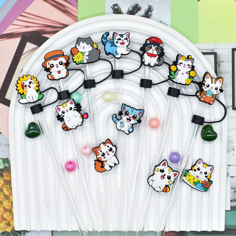Wholesale Random 100pcs Cute Cat Series 10mm PVC Soft Straw Tube Cap  ACC-SCR-RYY110